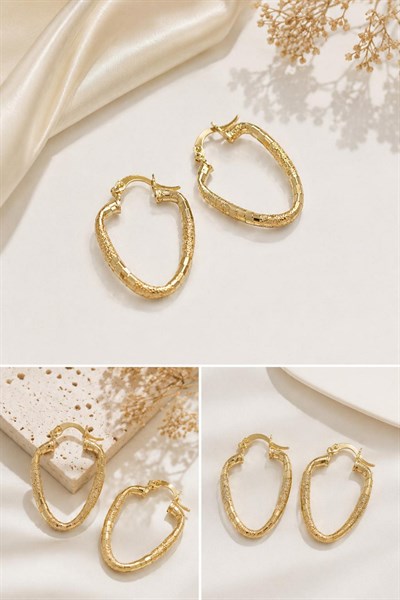 Kadın Küpe Kararmaz 14k Renk Vip Seri Dokulu Oval Modern Form 3cm Halka Küpe
