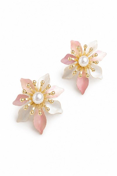 Kadın Küpe Kararmaz 14k Renk Vip Seri Pastel İnci Çiçek 3cm Küpe