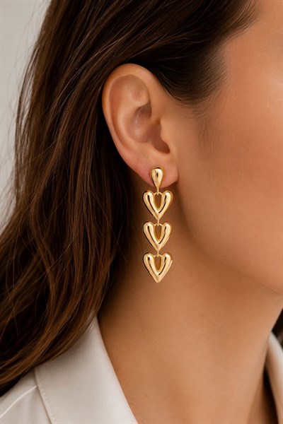 Kadın Küpe Kararmaz 14k Renk Vip Seri Üç Kalp Sallantı 6 cm Küpe