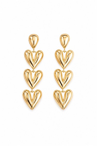 Kadın Küpe Kararmaz 14k Renk Vip Seri Üç Kalp Sallantı 6 cm Küpe