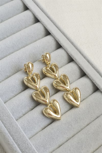 Kadın Küpe Kararmaz 14k Renk Vip Seri Üç Kalp Sallantı 6 cm Küpe