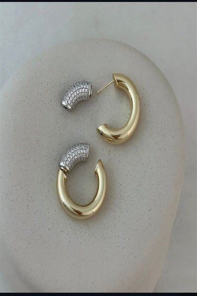Kadın Küpe Luxury Seri Altın Boru Plaka Full Zirkon Klips Kararmaz Halka Küpe