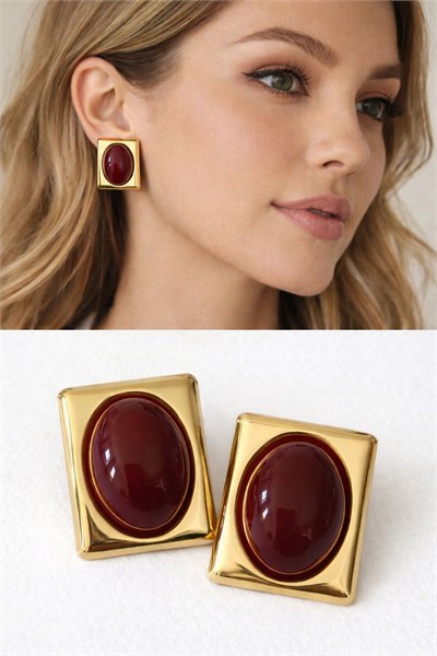 Kadın Küpe Premium Seri Renkli Akrilik Taş  Gold Çerçeve Vintage Küpe