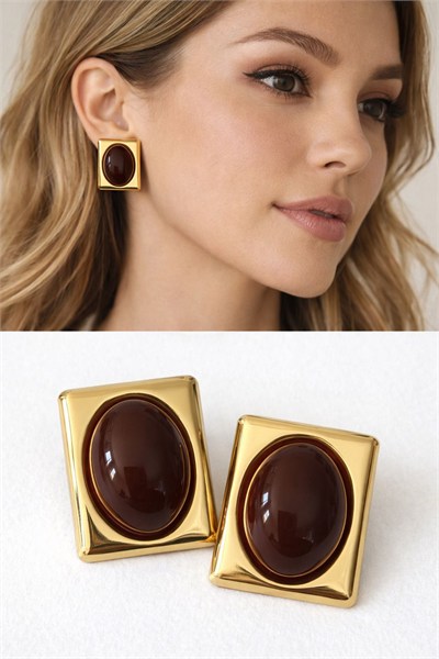 Kadın Küpe Premium Seri Renkli Akrilik Taş  Gold Çerçeve Vintage Küpe