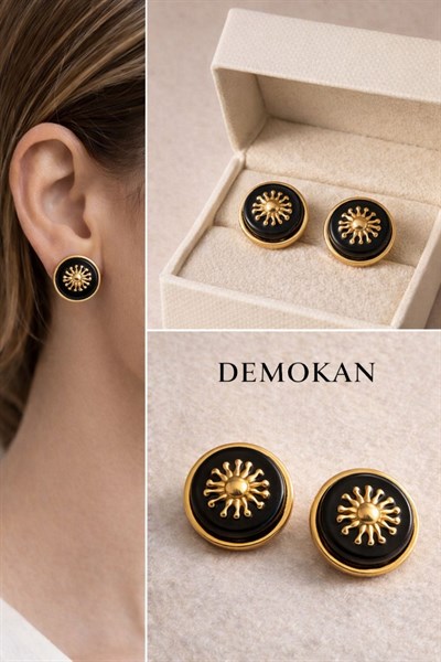 Kadın Küpe Vintage Düğme Model Gold Sun Küpe