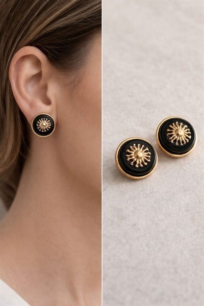 Kadın Küpe Vintage Düğme Model Gold Sun Küpe
