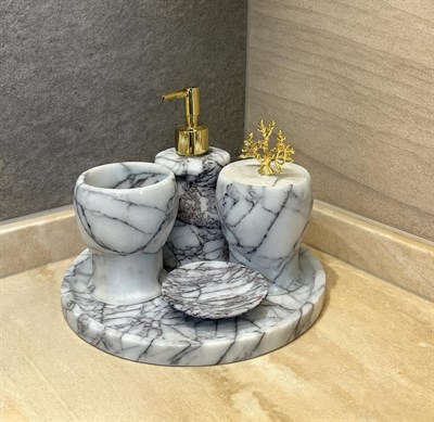 Leylak Mermer Banyo Seti 5 li Gold Mercan Objeli