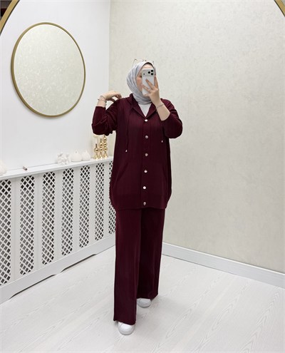 Oub Düğmeli Fitilli Triko Takım Bordo