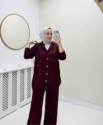 Oub Düğmeli Fitilli Triko Takım Bordo