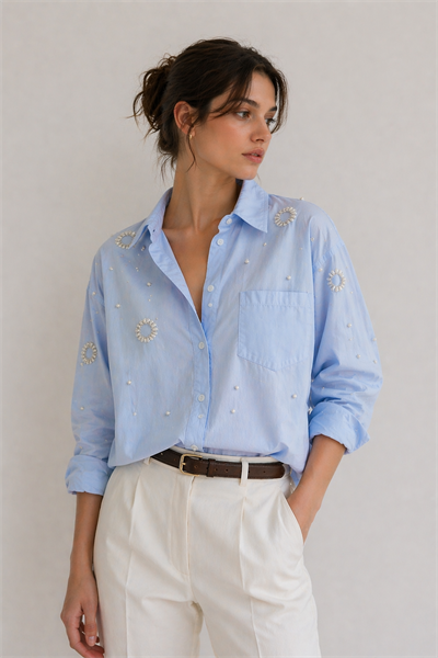 Orjinal Model  İnci Detaylı Kuş Gözlü Mavi Gömlek