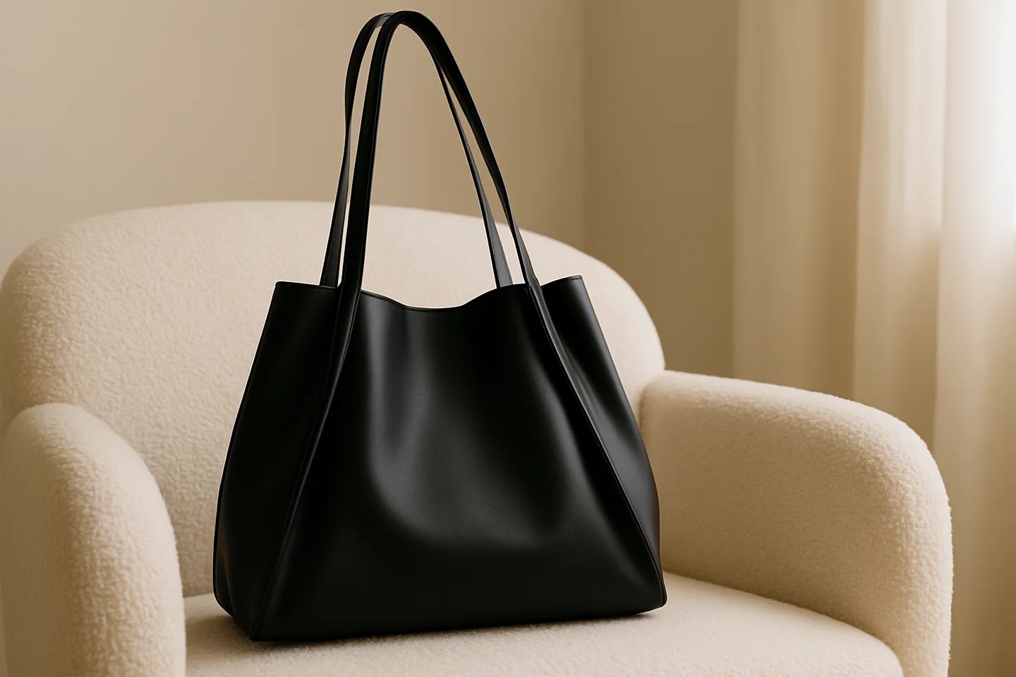 Krem rengi bukle bir koltukta duran, iki uzun saplı siyah Vivaq yavrulu katlanabilir shopper çanta.