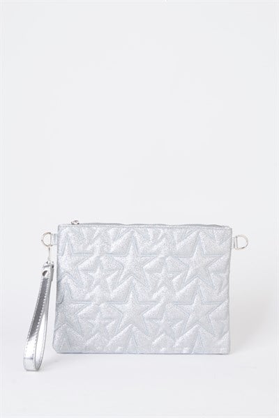 Kadın Gümüş Simli Yıldız Nakışlı Suni Deri Bilek Ve Zincir Askılı Portföy El Ve Clutch Çanta