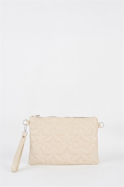 Kadın Krem Yıldız Nakışlı Suni Deri Bilek Ve Zincir Askılı Portföy El Ve Clutch Çanta