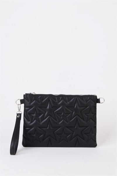 Kadın Siyah Yıldız Nakışlı Suni Deri Bilek Ve Zincir Askılı Portföy El Ve Clutch Çanta