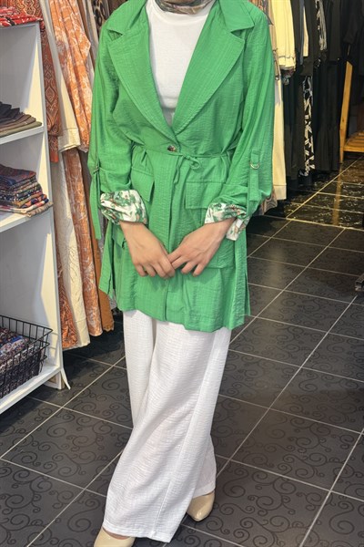 Keten Bel Bağlamalı Blazer Ceket YEŞİL