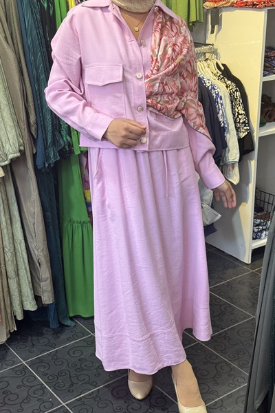 Keten Kısa Trench Etekli Takım PEMBE