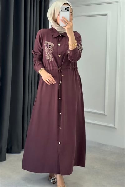 Nakışlı Tensel Gömlek Elbise BORDO