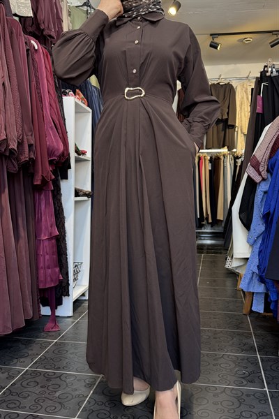 Poplin Tokalı Elbise KAHVE