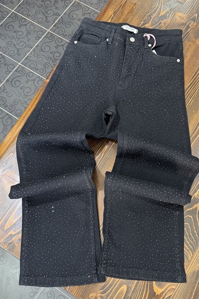 Taşlı Bol paça Kot Pantolon SİYAH