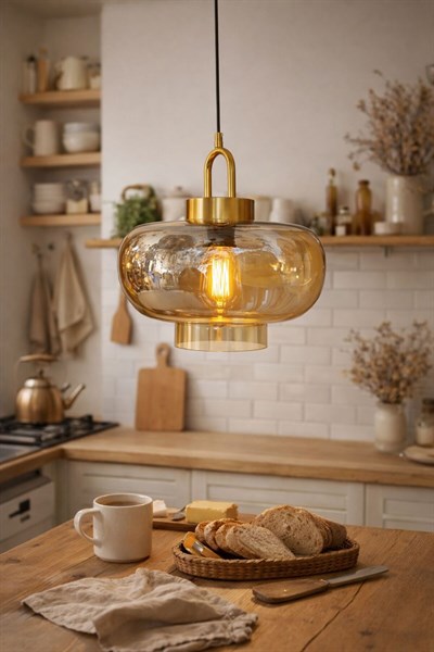 Amber Cam Vintage Sarkıt Avize Gold Metal Gövde – Dekoratif Modern Tavan Aydınlatması