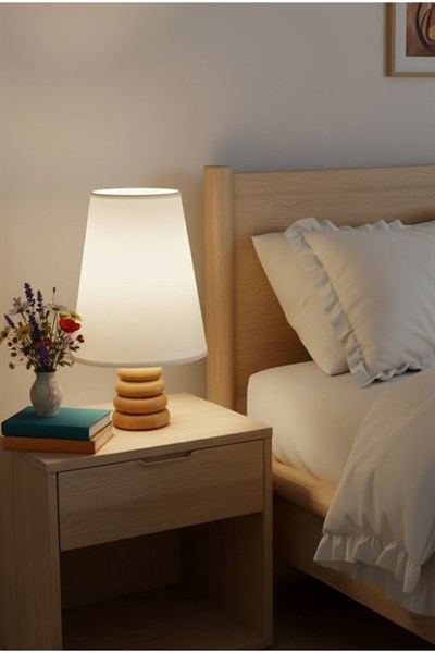Doğal Ahşap Abajur, Krem Kumaş Başlıklı Modern Komodin & Yatak Odası & Salon Dekoratif Gece Lambası