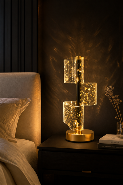 Gold Flake Silindir Cam Masa Lambası – 3 Işık Modlu, Siyah Gövdeli Dekoratif LED Abajur