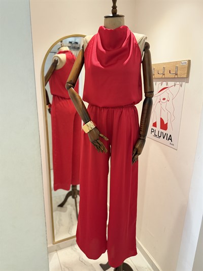 Kırmızı Saten Bluz Pantalon Takım
