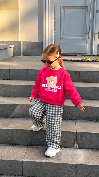 Kız Çocuk Ön Arka Bear Baskılı Sweatshirt Alt kareli Dokuma Denim Kot Pantolon Alt Üst Takım