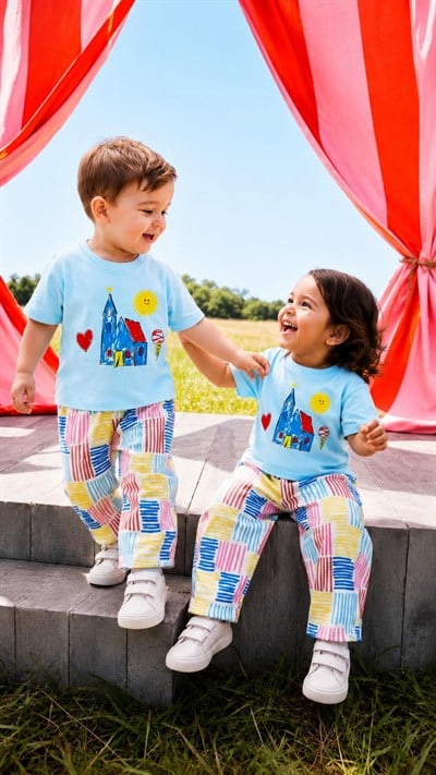 Unisex Çizgili Müslin Pantolon Baskılı T-shirt Alt Üst Takım