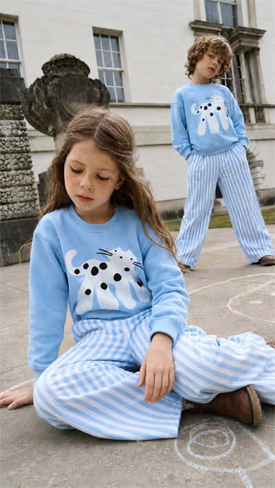 Unisex Çocuk Kedi Baskılı Sweatshirt Çizgili Pantolon Alt Üst Takım