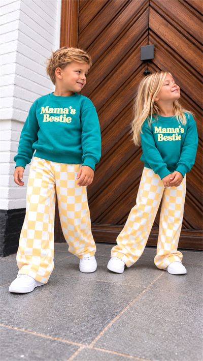 Unisex Tropik Yeşil Mamas Bestie Yazılı Sweatshirt Kareli Eşofman Alt Üst Takım