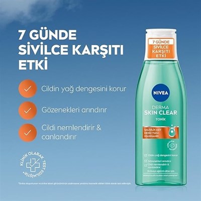 Derma Skin Clear Sivilce Karşıtı Tonik 200ml,Gözenek Arındırıcı,Cildin Yağ Dengesini Korur,Nemlendirir,Salisilik Asit (BHA) Deniz Tuzu, Niasinamid,Sivilceye Eğilimli Ciltler