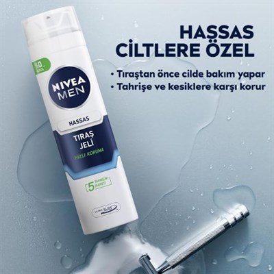 Erkek Hassas Tıraş Jeli 200 ml,Tahrişe ve Yanmaya Karşı Koruma,Alkolsüz Formül,Hassas Ciltlere Özel