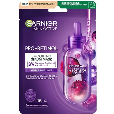 Garnier Pro-Retinol Kağıt Maske, Pürüzsüzleştirici, Gliserin, Açai Özlü 22 g