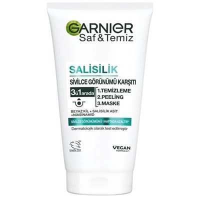 Garnier Saf & Temiz Salisilik Sivilce Görünümü Karşıtı 3'ü 1 Arada (Beyaz Kil, Salisilik Asit, Niasinamid)