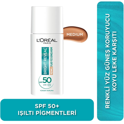 LOREAL PARIS Bright Reveal Spf 50+ Koyu Leke Karşıtı Renkli Fluid Günlük Yüz Güneş Kremi 50 ml - Medium