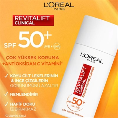Loreal Paris Revitalift Clinical SPF 50+ Günlük Yüksek UV Korumalı Yüz Güneş Kremi 50 ml