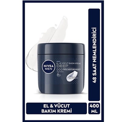 Nivea Men Erkek Deep El ve Vücut Bakım Kremi 400ml, 48 Saat Nemlendirici, Yapışkan His Bırakmaz