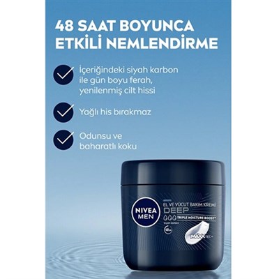 Nivea Men Erkek Deep El ve Vücut Bakım Kremi 400ml, 48 Saat Nemlendirici, Yapışkan His Bırakmaz