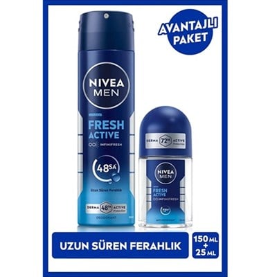 Nivea Men Erkek Sprey Deodorant Fresh Active 150 ml ve Mini Roll-On Fresh Active 25 ml