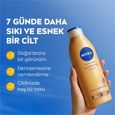 NIVEA Q10 Sıkılaştırıcı Ve Bronzlaştırıcı Vücut Losyonu 250ml, Kademeli Doğal Bronzluk, 7 Günde Sıkı Cilt, Açık ve Buğday Tenli Ciltler