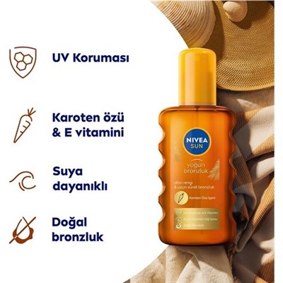 Nivea Sun Karoten Özlü Yoğun Bronzlaştırıcı Güneş Yağ Sprey Vitamini,Doğal Bronzluk 200 ml x 2 Adet