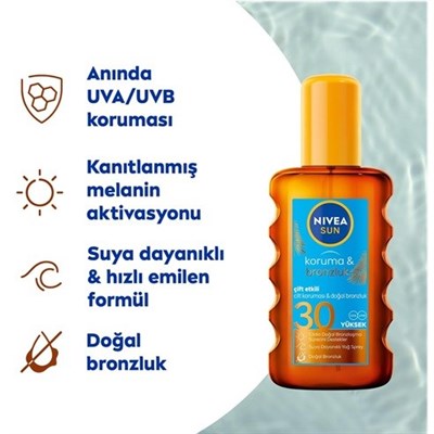 NIVEA Sun SPF30 Koruma & Bronzluk Güneş Yağı Spreyi 200 ml,  Güneş Sonrası Sprey 200ml