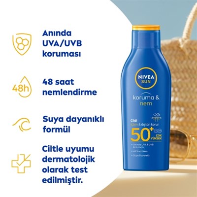 Nivea Sun SPF50+ Güneş Koruyucu ve 48 Nemlendirici Güneş Losyonu 200 ml