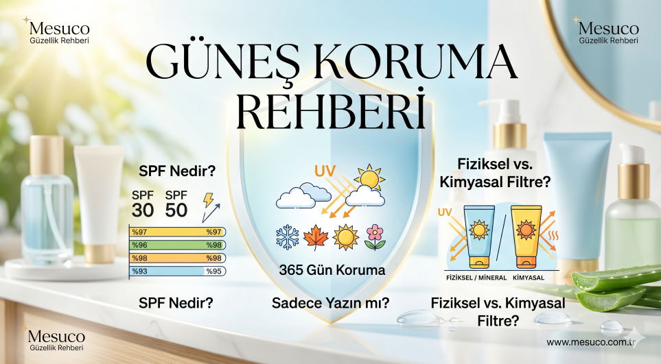 Güneş koruma rehberi infografik

SPF 30 ve SPF 50 farkı tablosu

Fiziksel ve kimyasal güneş kremi farkları

365 gün güneş koruması görseli

Mesuco Güzellik Rehberi güneş kremi rehberi

Güneş koruyucu filtre çeşitleri diyagramı