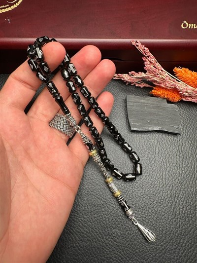 Kapsül Model Gümüş  İşlemeli Erzurum Oltu Taşı Tesbih
