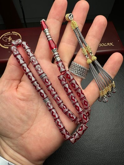 Kesme Model Gümüş İşlemeli Ateş Kehribar Tesbih