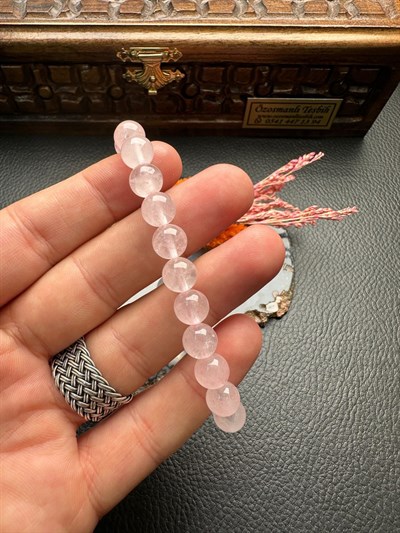 Küre Model Pembe Kuvars Doğal Taş Bileklik