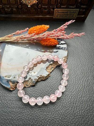 Küre Model Pembe Kuvars Doğal Taş Bileklik