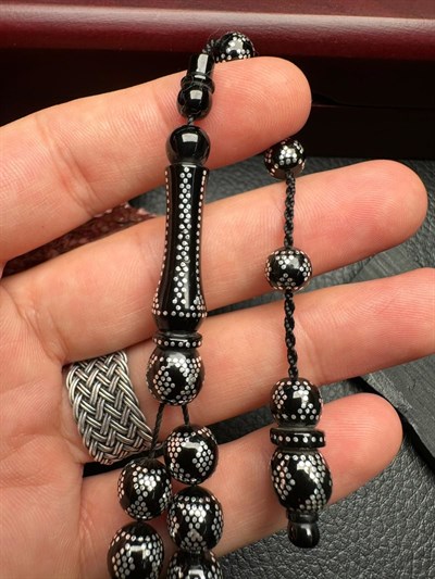 Piramit Gümüş İşlemeli Erzurum Oltu Taşı Tesbih